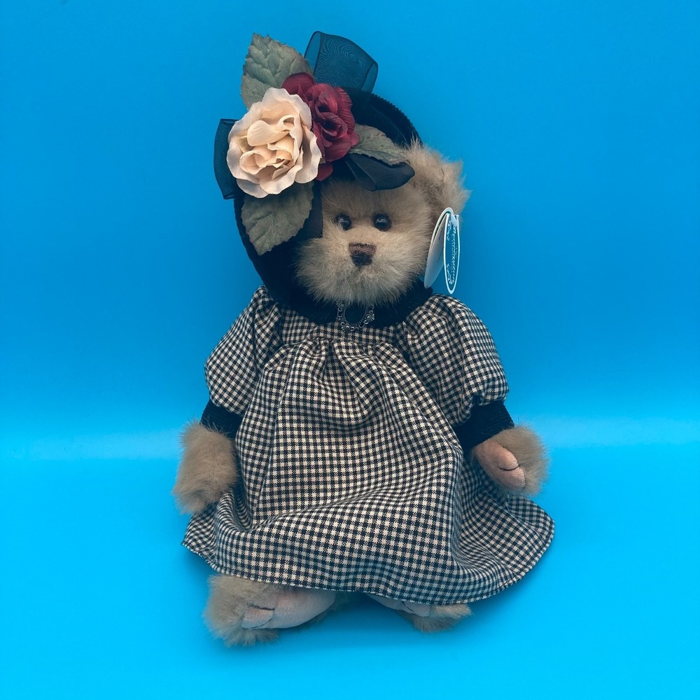 Bearington Collection Audrey Bear 1397 Houndstooth Dress & Rose Hat With Tags